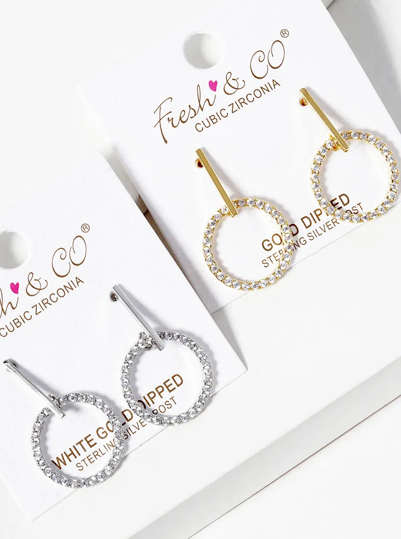 White Gold Dipped CZ Pave Circle Drop Delicate Dangle Post Earrings