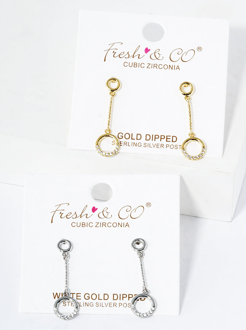 White Gold Dipped CZ Pave Circle Drop Post Earrings