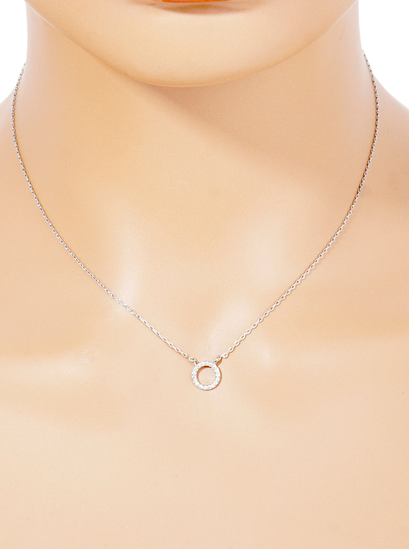 White Gold Dipped CZ Pave Circle Pendant Delicate Necklace