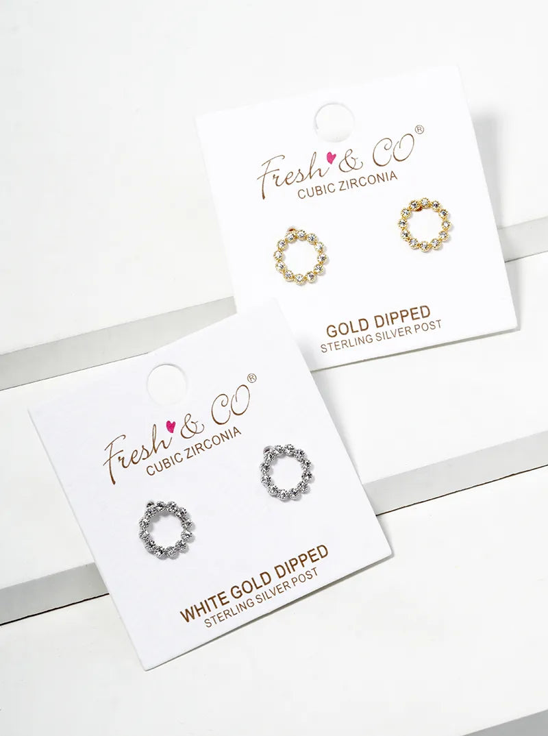 White Gold Dipped CZ Pave Circle Post Stud Earrings