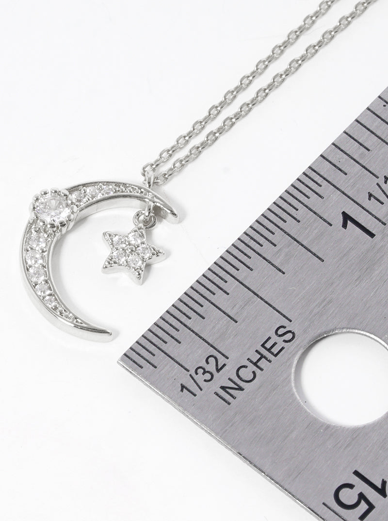 White Gold Dipped CZ Pave Crescent Moon And Star Pendant Delicate Necklace