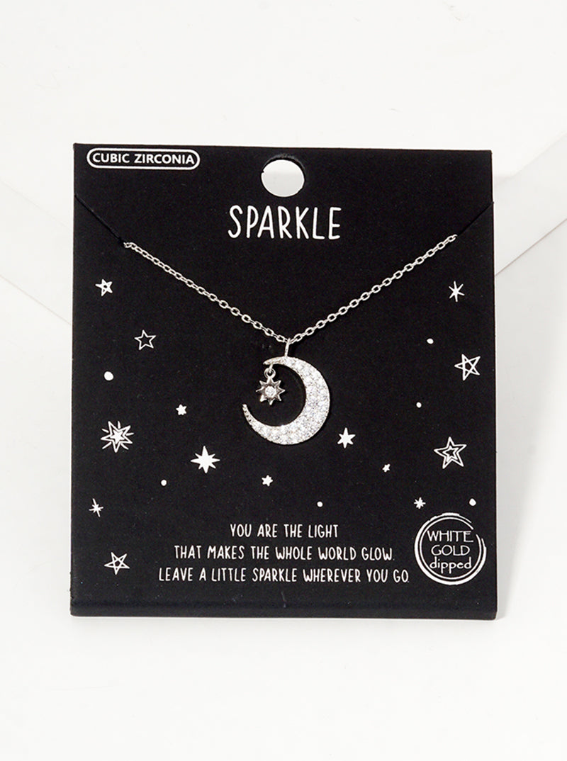 18k Gold Dipped CZ Pave Crescent Moon And Star Pendant Necklace