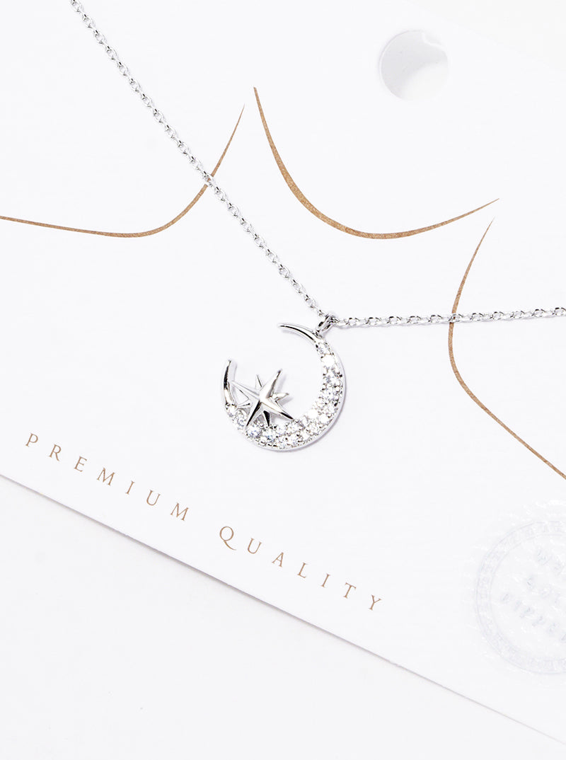 White Gold Dipped CZ Pave Crescent Moon Pendant Necklace
