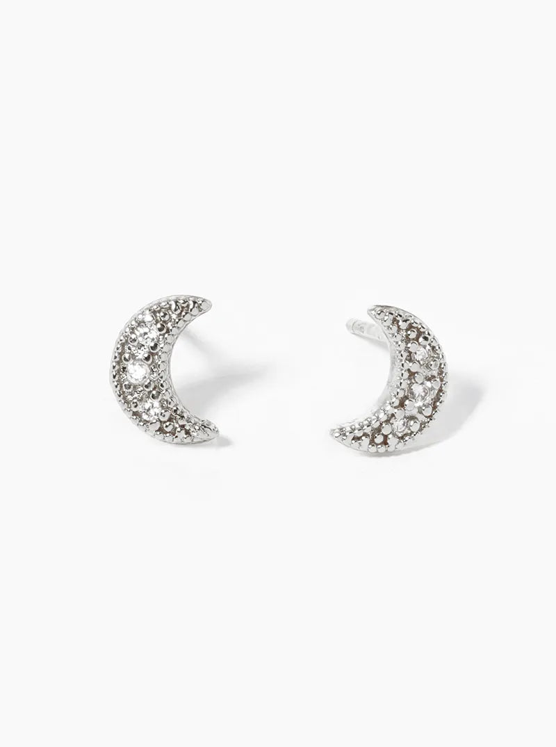 18k Gold Dipped CZ Pave Crescent Moon Post Stud Earrings