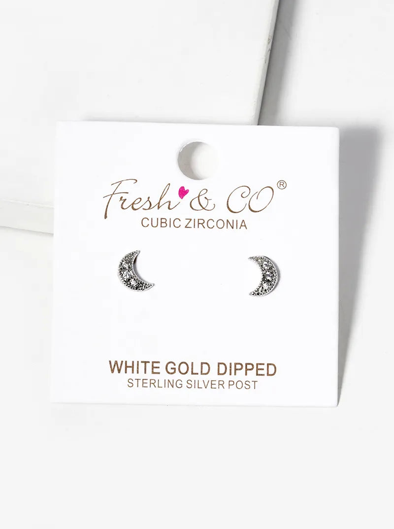 White Gold Dipped CZ Pave Crescent Moon Post Stud Earrings