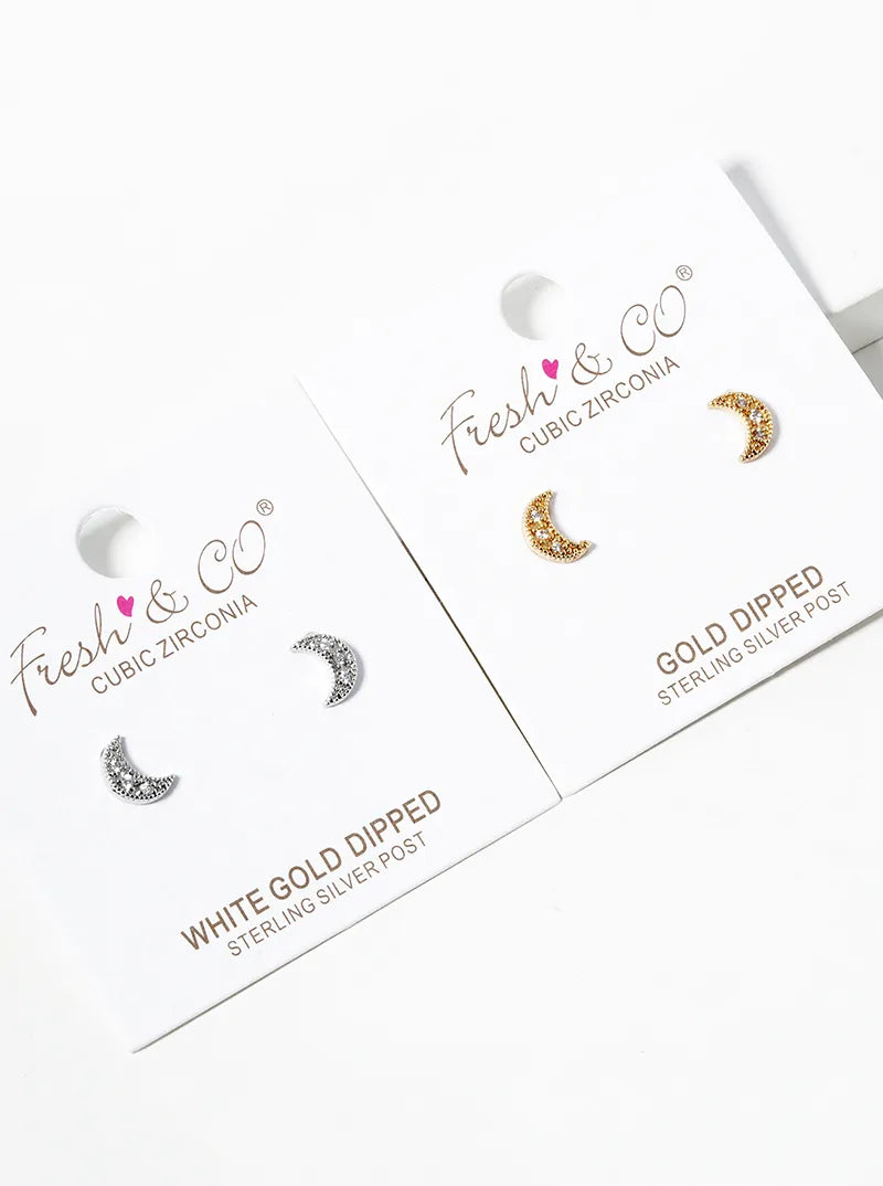 White Gold Dipped CZ Pave Crescent Moon Post Stud Earrings