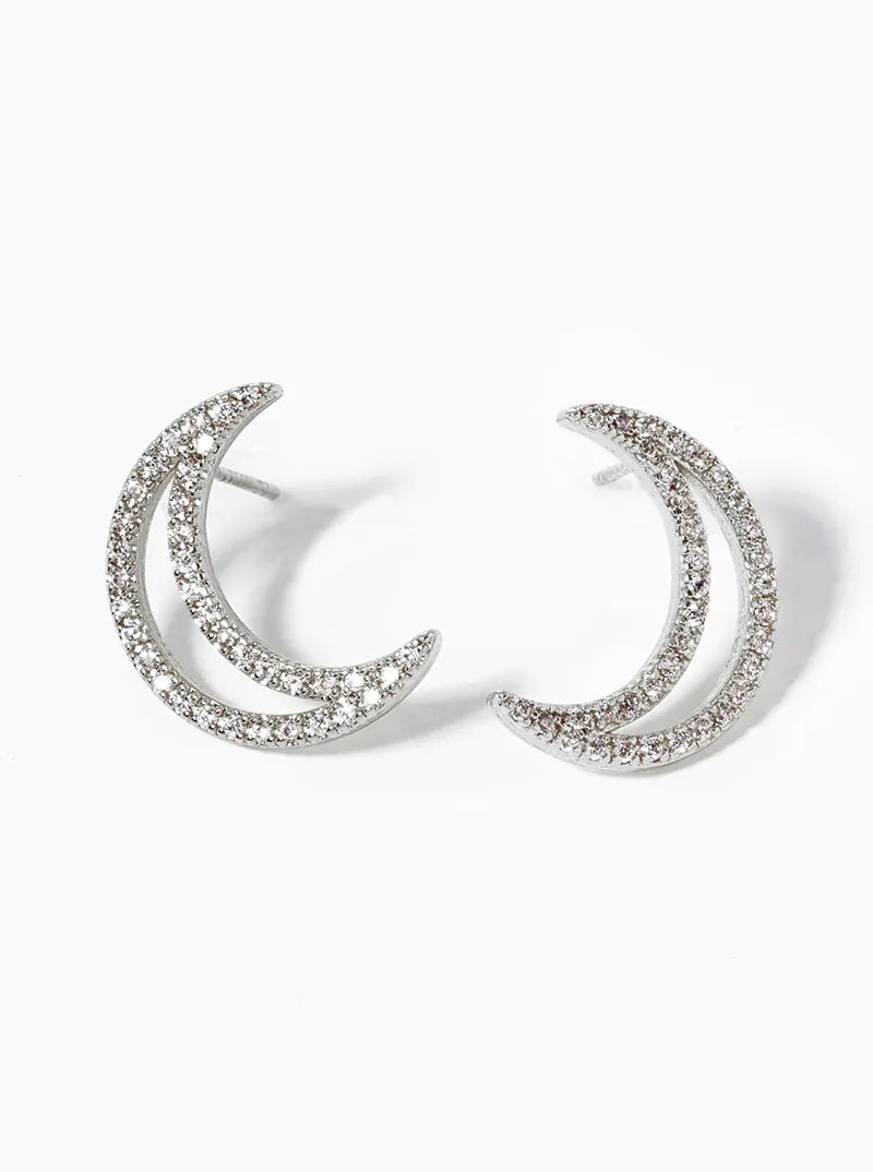 18k Gold Dipped CZ Pave Crescent Moon Post Stud Earrings