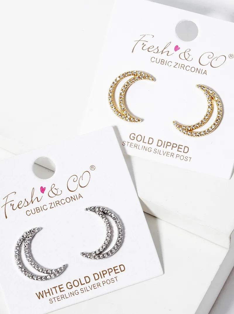 White Gold Dipped CZ Pave Crescent Moon Post Stud Earrings