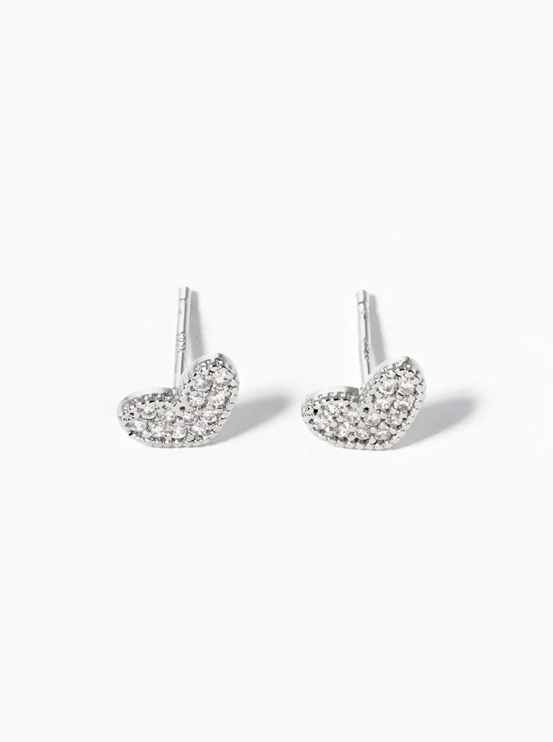 White Gold Dipped CZ Pave Dainty Heart Post Stud Earrings