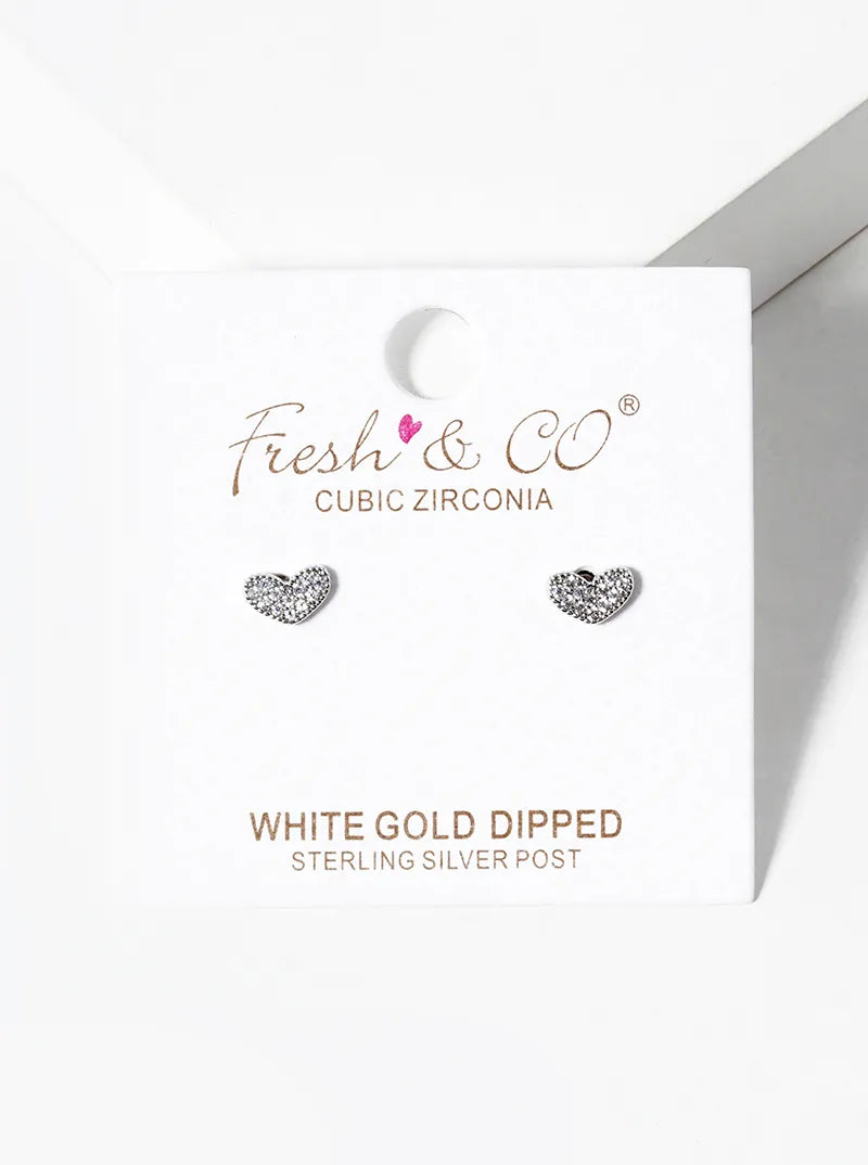 White Gold Dipped CZ Pave Dainty Heart Post Stud Earrings