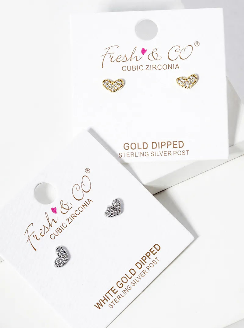 White Gold Dipped CZ Pave Dainty Heart Post Stud Earrings