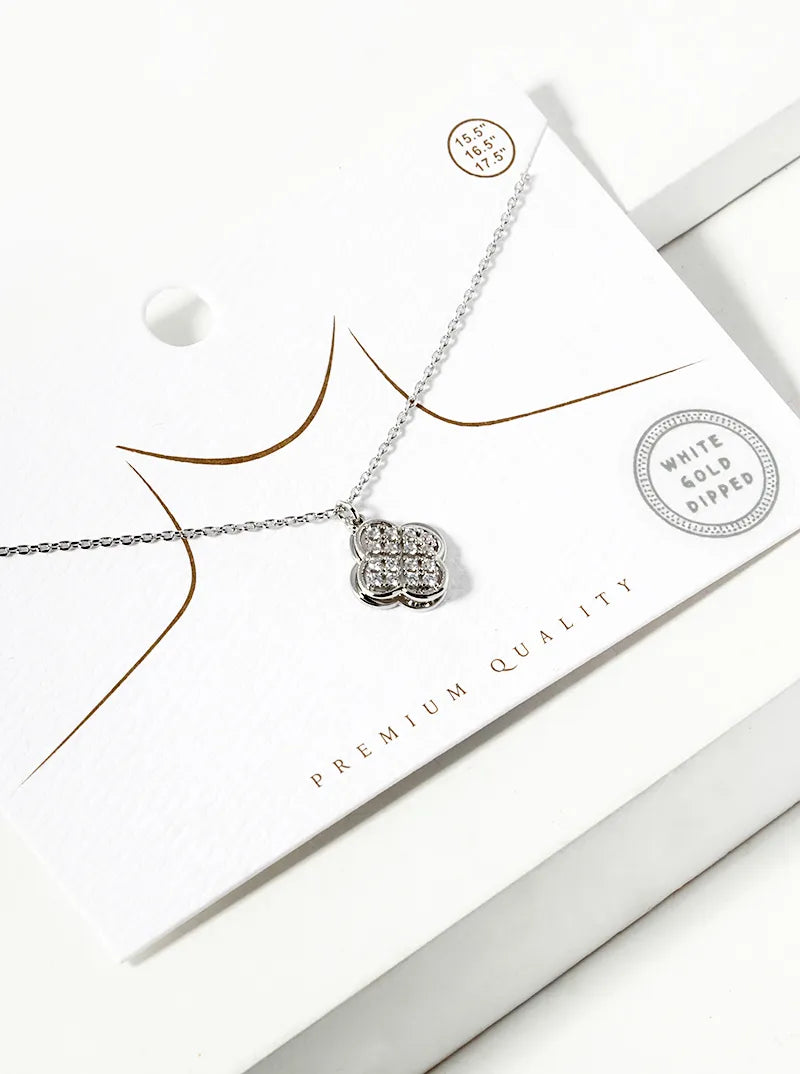 White Gold Dipped CZ Pave Double Quatrefoil Pendant Necklace