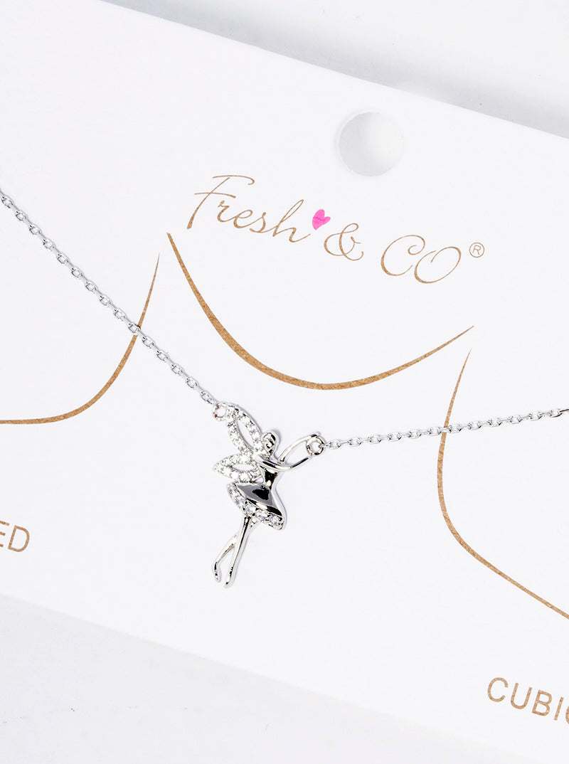 White Gold Dipped CZ Pave Ballerina Pendant Necklace