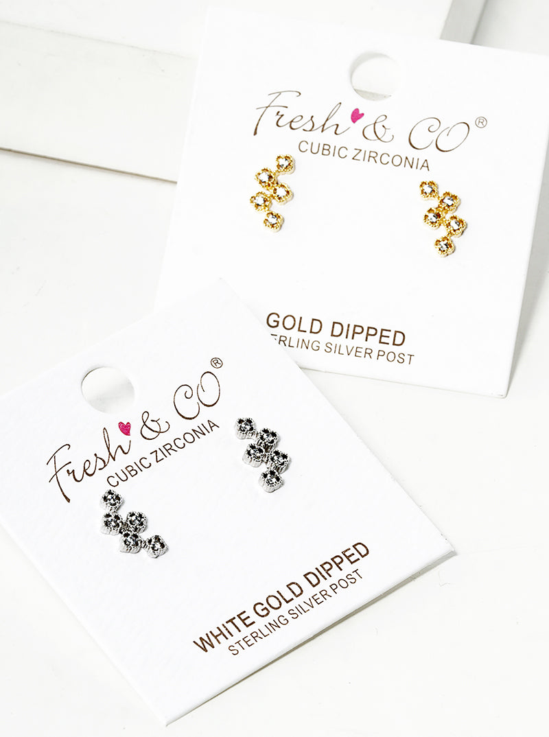 White Gold Dipped CZ Pave Five Flower Post Stud Earrings
