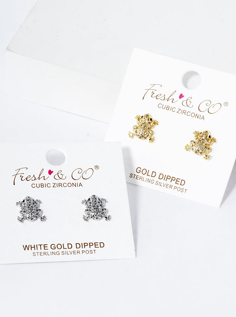 White Gold Dipped CZ Pave Frog Post Stud Earrings