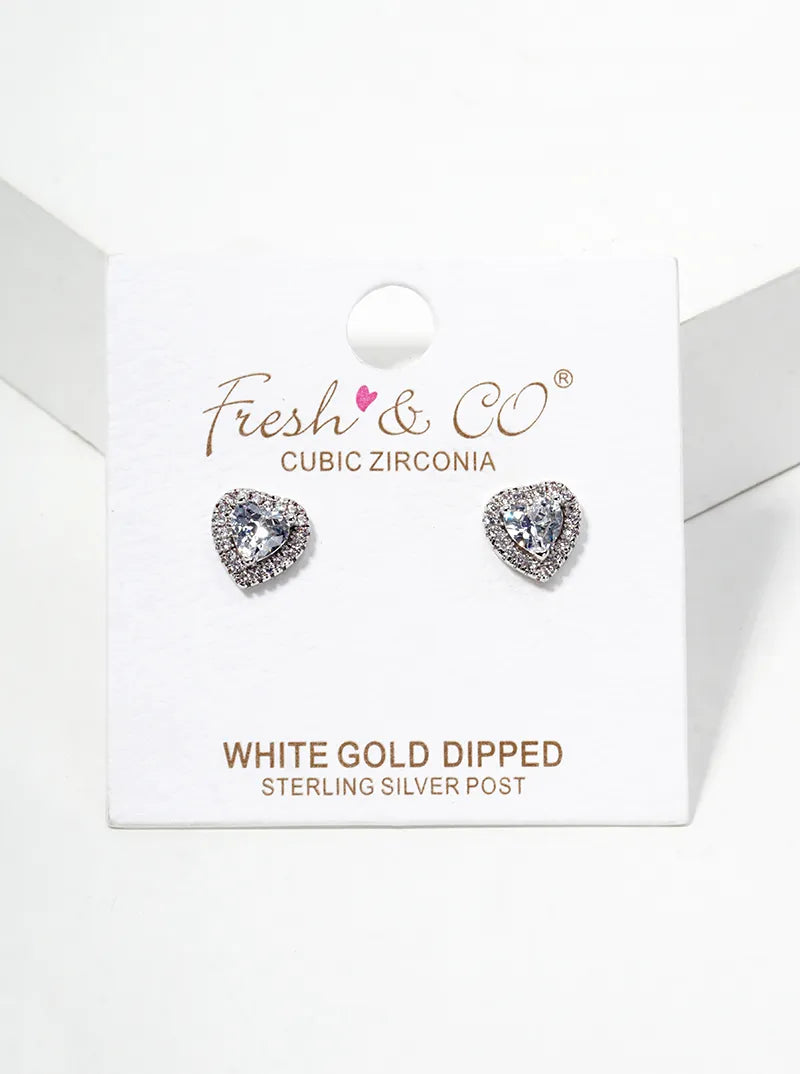 18K Gold Dipped CZ Pave Heart Post Stud Earrings
