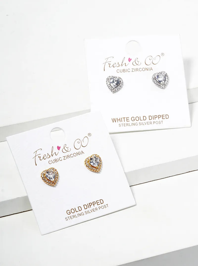 18K Gold Dipped CZ Pave Heart Post Stud Earrings