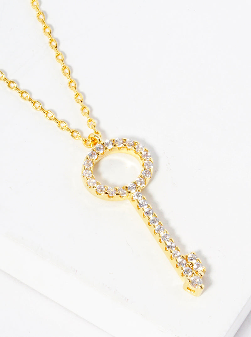 White Gold Dipped CZ Pave Key Pendant Delicate Necklace