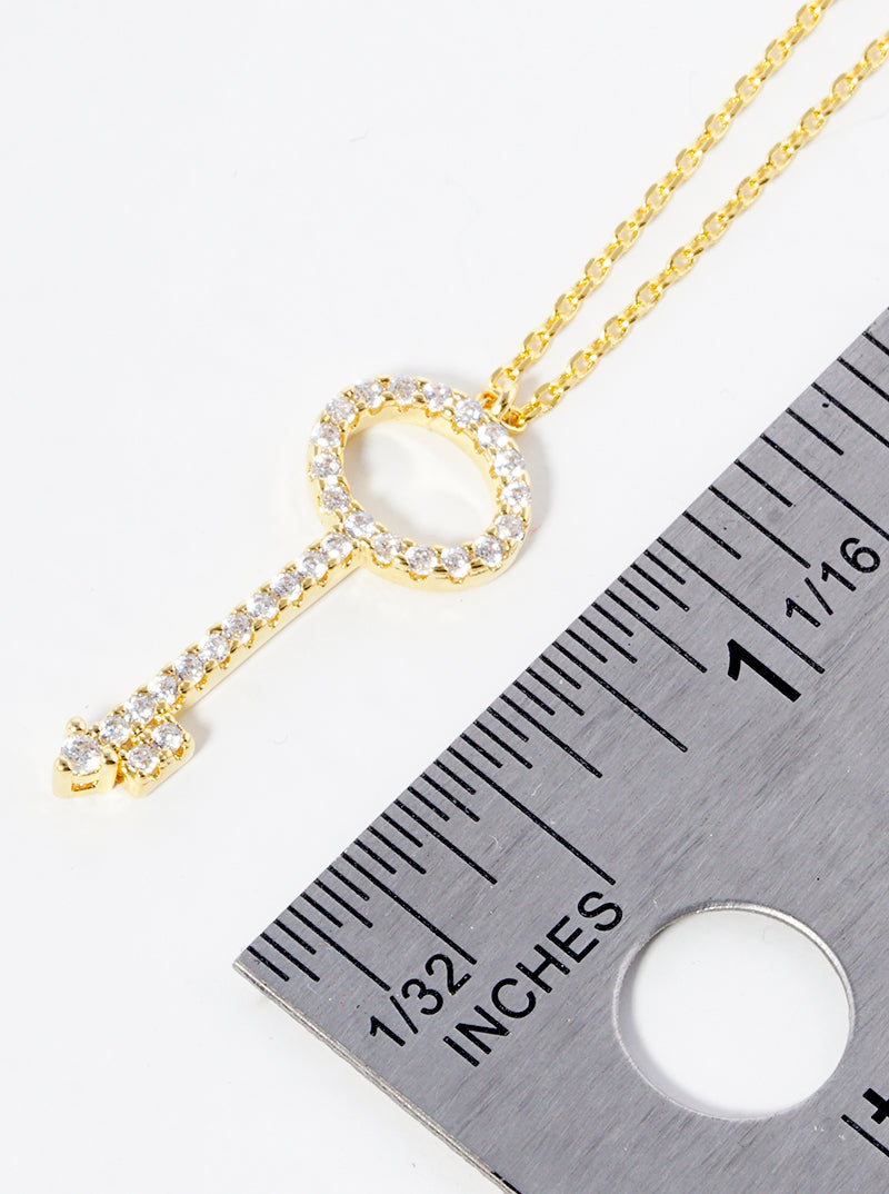White Gold Dipped CZ Pave Key Pendant Delicate Necklace