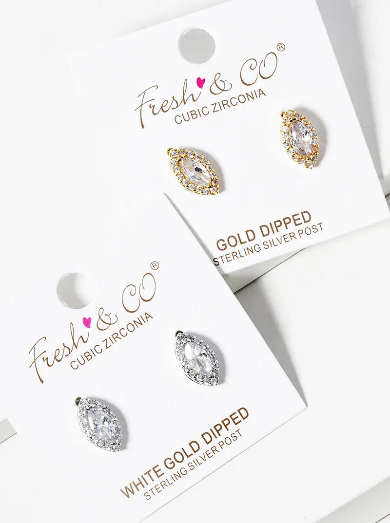 White Gold Dipped CZ Pave Marquise Post Stud Earrings