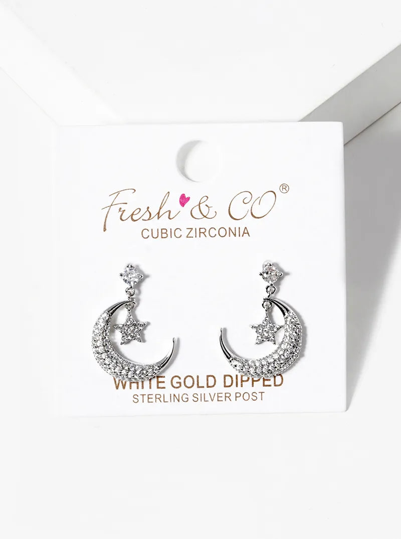 White Gold Dipped CZ Pave Moon And Star Drop Dangle Post Earrings