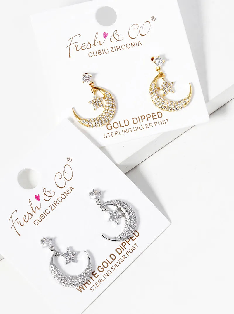 White Gold Dipped CZ Pave Moon And Star Drop Dangle Post Earrings