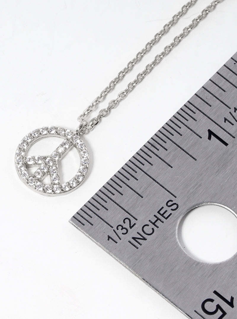 White Gold Dipped CZ Pave Peace Symbol Pendant Delicate Necklace