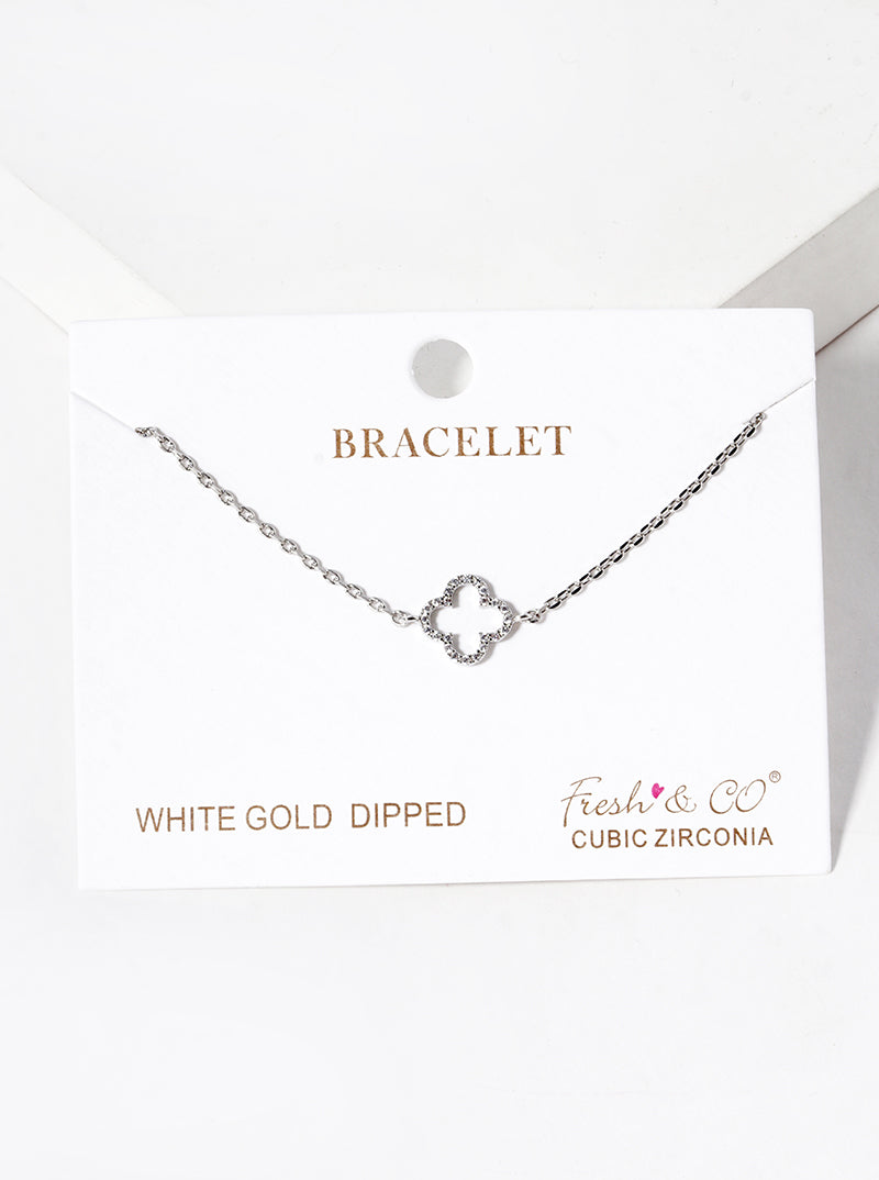 White Gold Dipped CZ Pave Quatrefoil Bracelet