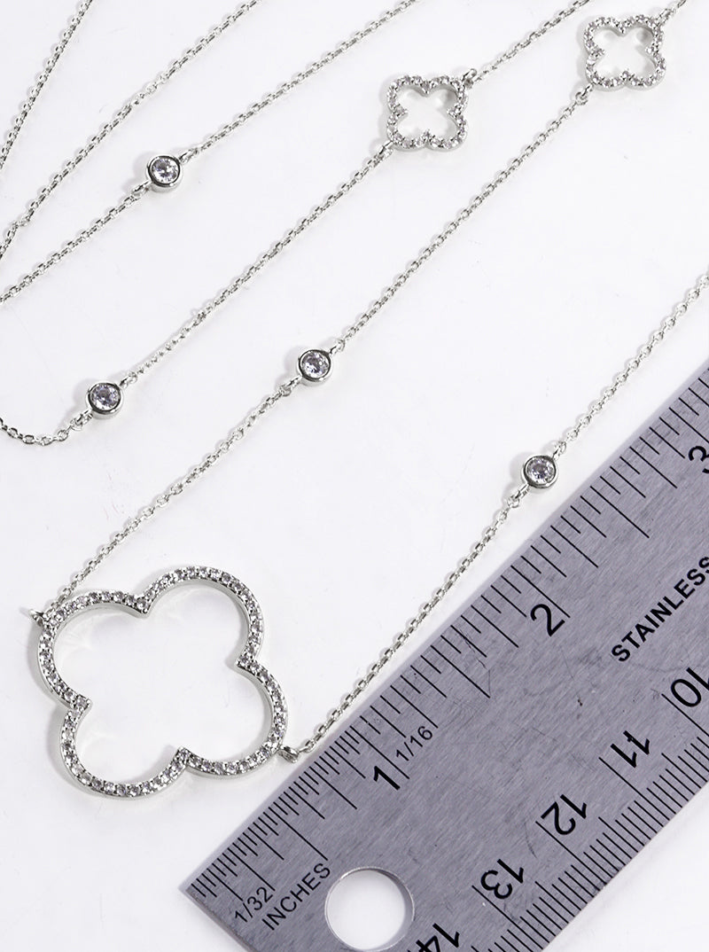 White Gold Dipped CZ Pave Quatrefoil Pendant 36 Inch Long Station Necklace