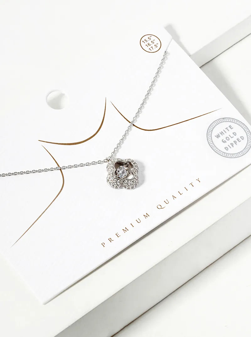 White Gold Dipped CZ Pave Quatrefoil Pendant Necklace