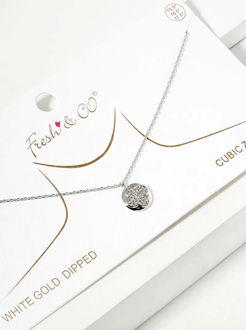White Gold Dipped CZ Pave Quatrefoil Round Pendant Necklace