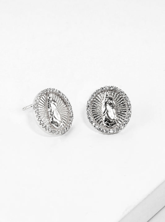 18k Gold Dipped CZ Pave Rectangle Virgin Mary Post Stud Earrings