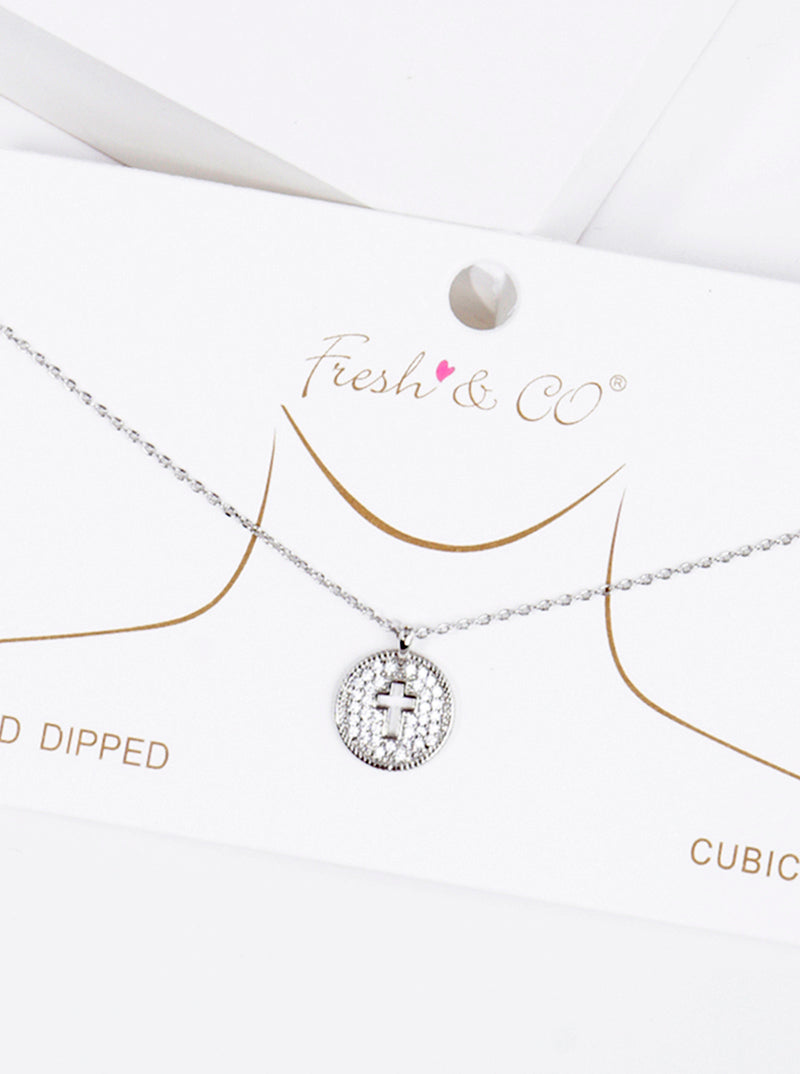 White Gold Dipped CZ Pave Circle Pendant Delicate Necklace