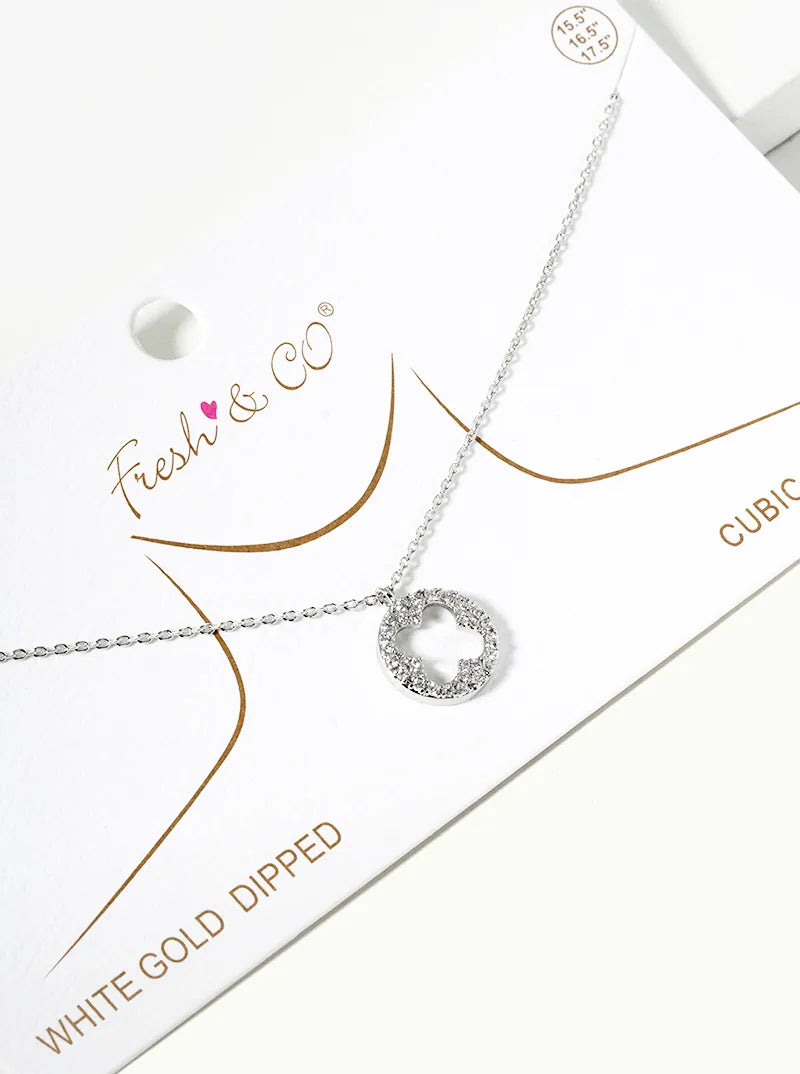 White Gold Dipped CZ Pave Round Cutout Quatrefoil Pendant Necklace