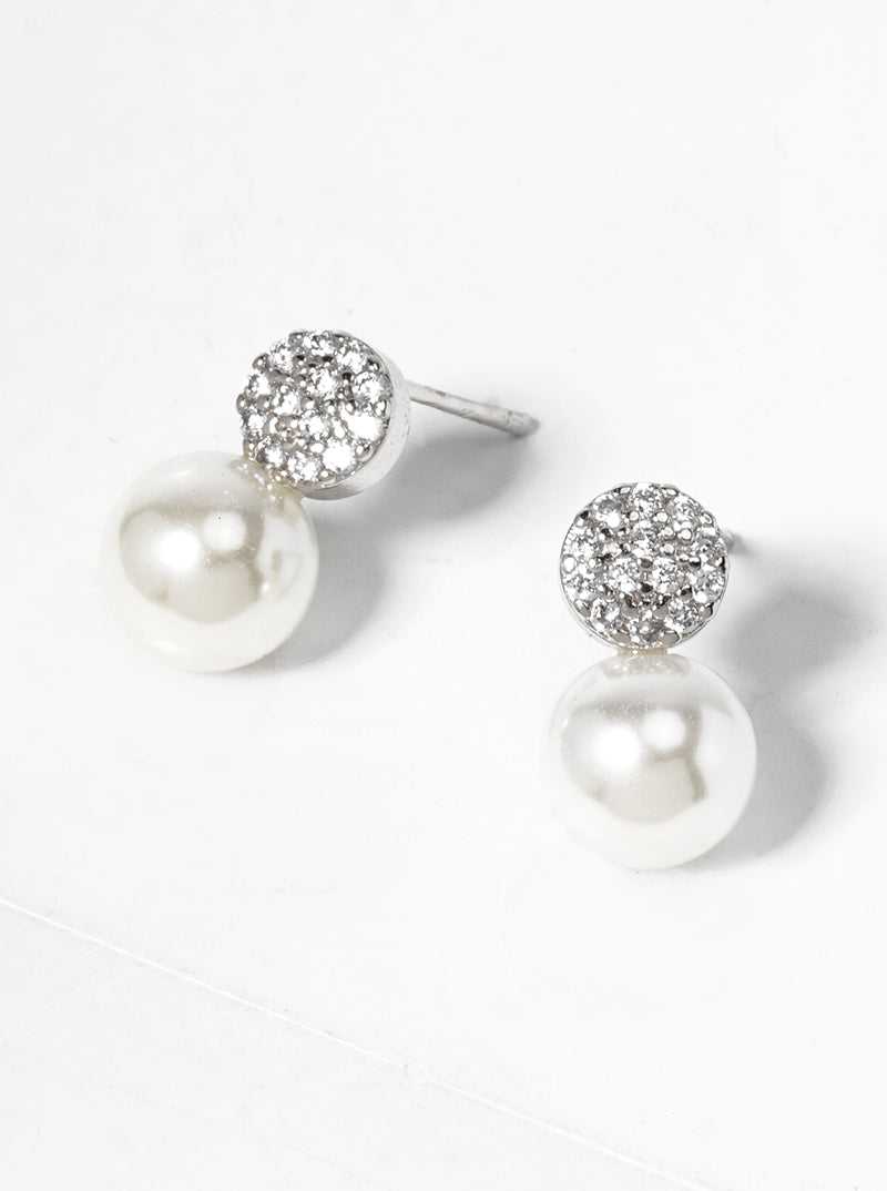 18k Gold Dipped CZ Pave Round Glass Pearl  Post Stud Earrings