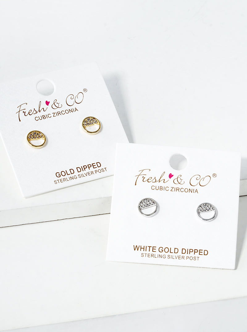 White Gold Dipped CZ Pave Round Post Stud Earrings