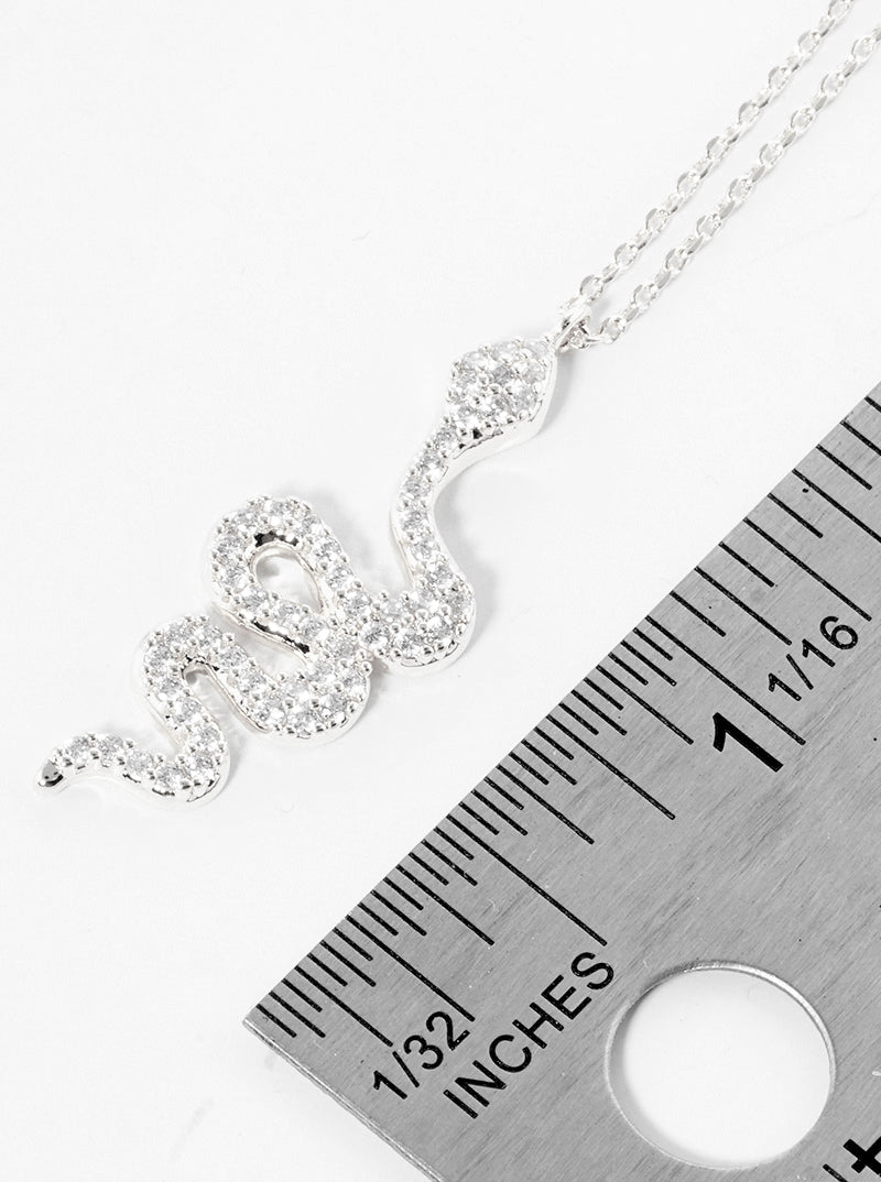 White Gold Dipped CZ Pave Snake Pendant Delicate Necklace