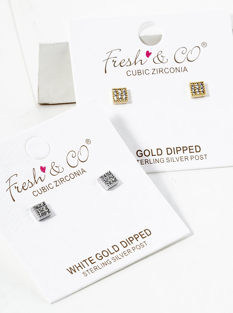 White Gold Dipped CZ Pave Square Post Stud Earrings