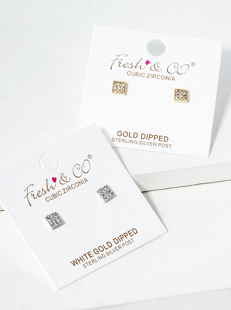 White Gold Dipped CZ Pave Square Post Stud Earrings