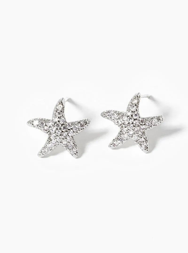 White Gold Dipped CZ Pave Starfish Post Stud Earrings