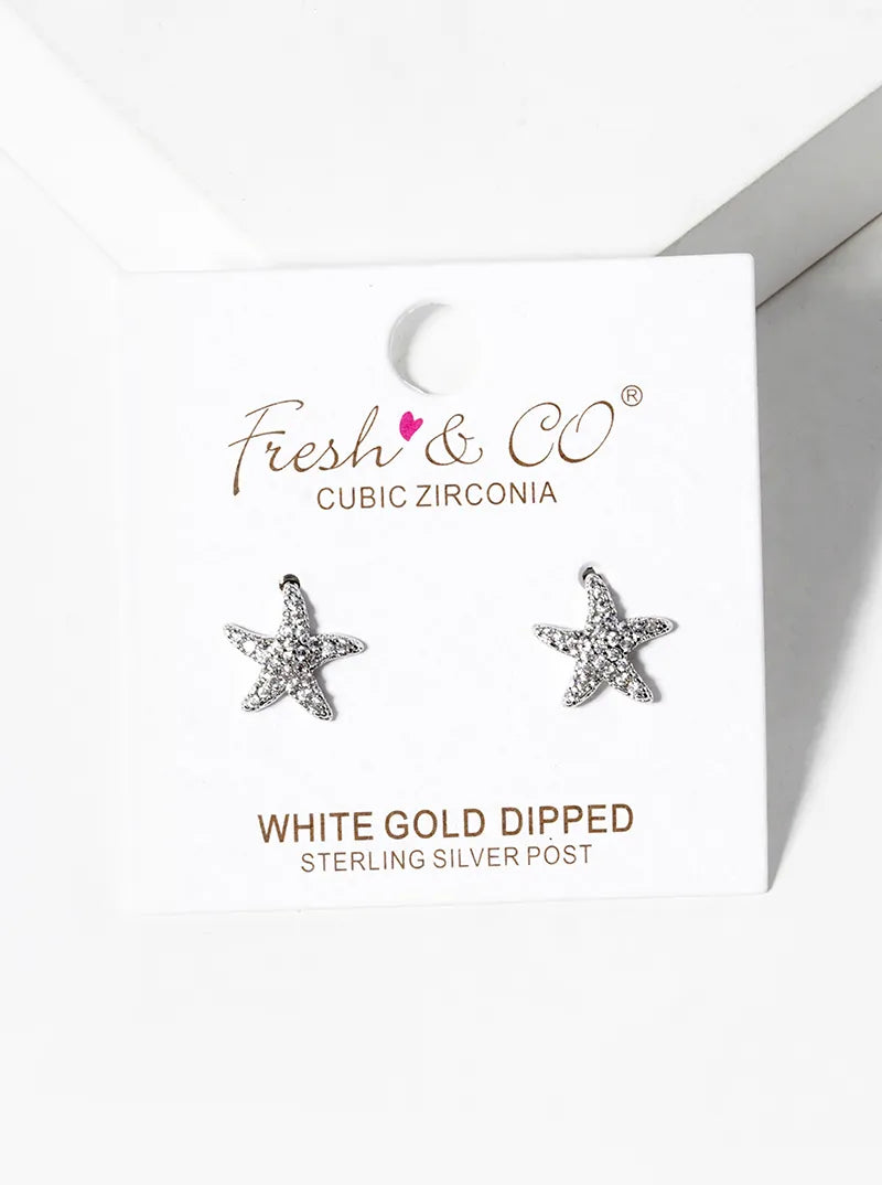 White Gold Dipped CZ Pave Starfish Post Stud Earrings