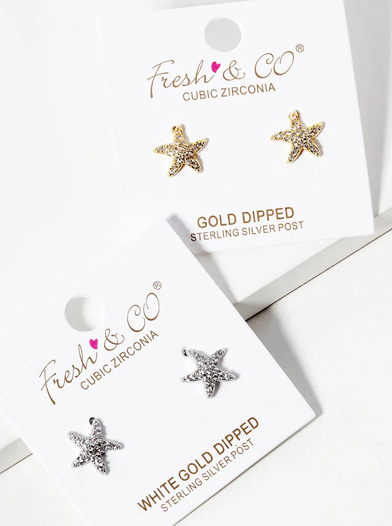 White Gold Dipped CZ Pave Starfish Post Stud Earrings