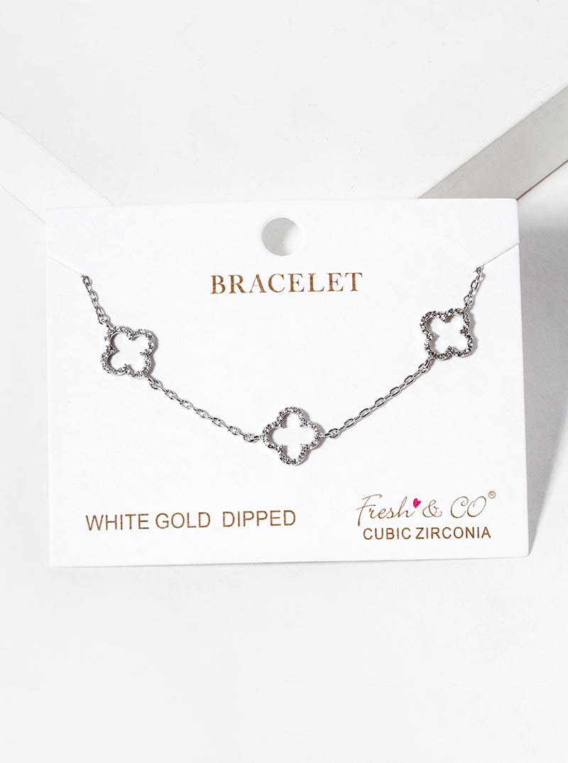 White Gold Dipped CZ Pave Three Quatrefoil Bracelet