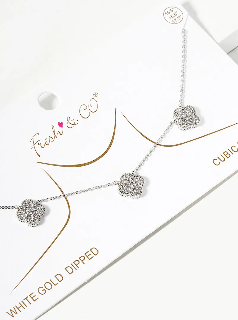 White Gold Dipped CZ Pave Three Quatrefoil Pendant Necklace