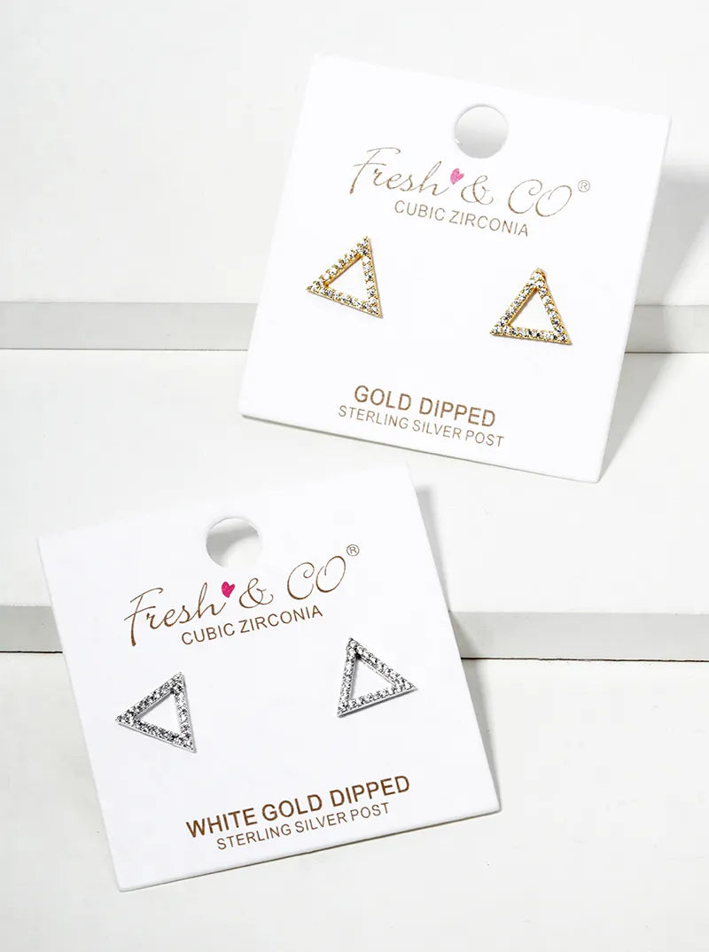 White Gold Dipped CZ Pave Triangle Post Stud Earrings