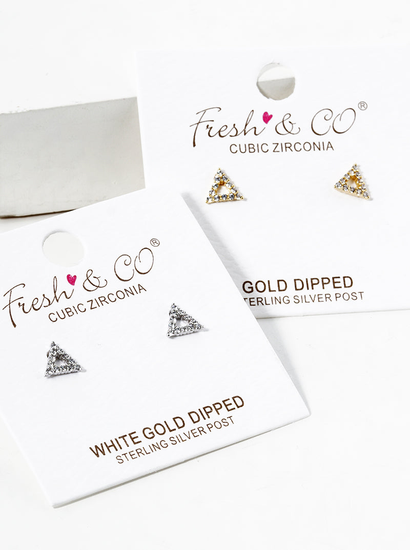 White Gold Dipped CZ Pave Triangle Post Stud Earrings