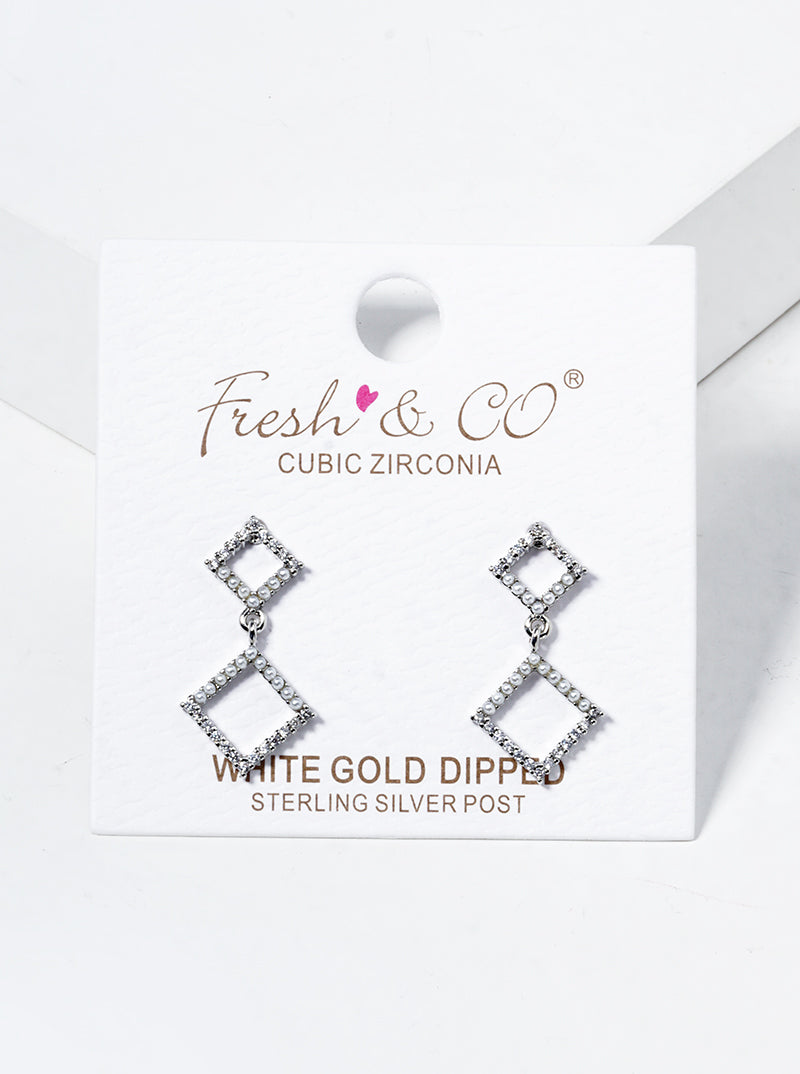 White Gold Dipped CZ Pearl Bead Pave Double Rhombus Dangle Post Earrings