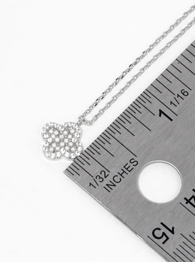 White Gold Dipped CZ Pearl Beaded Quatrefoil Pendant Necklace