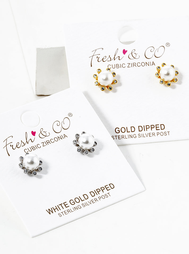 White Gold Dipped CZ Pearl Flower Post Stud Earrings