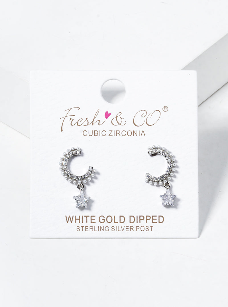White Gold Dipped CZ Pearl Bead Pave Double Rhombus Dangle Post Earrings